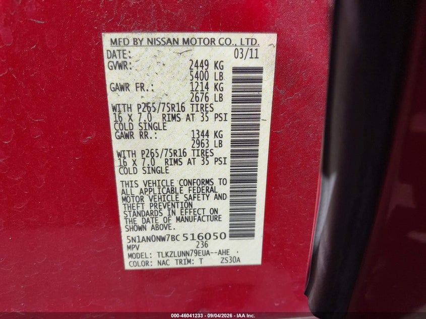 NISSAN XTERRA 2011 VIN 5N1AN0NW7BC516050