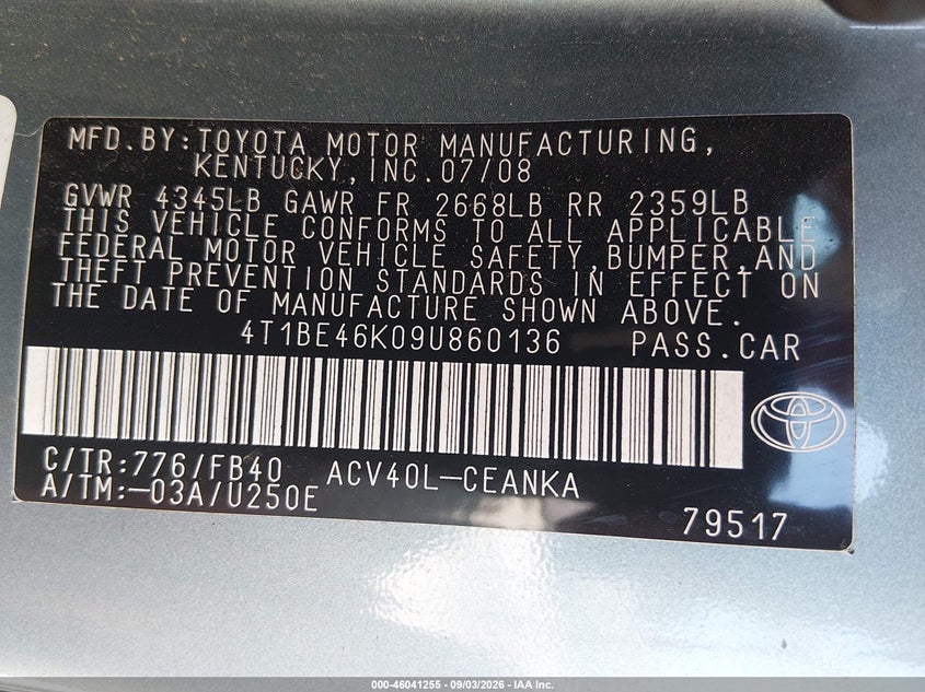 TOYOTA CAMRY 2009 VIN 4T1BE46K09U860136