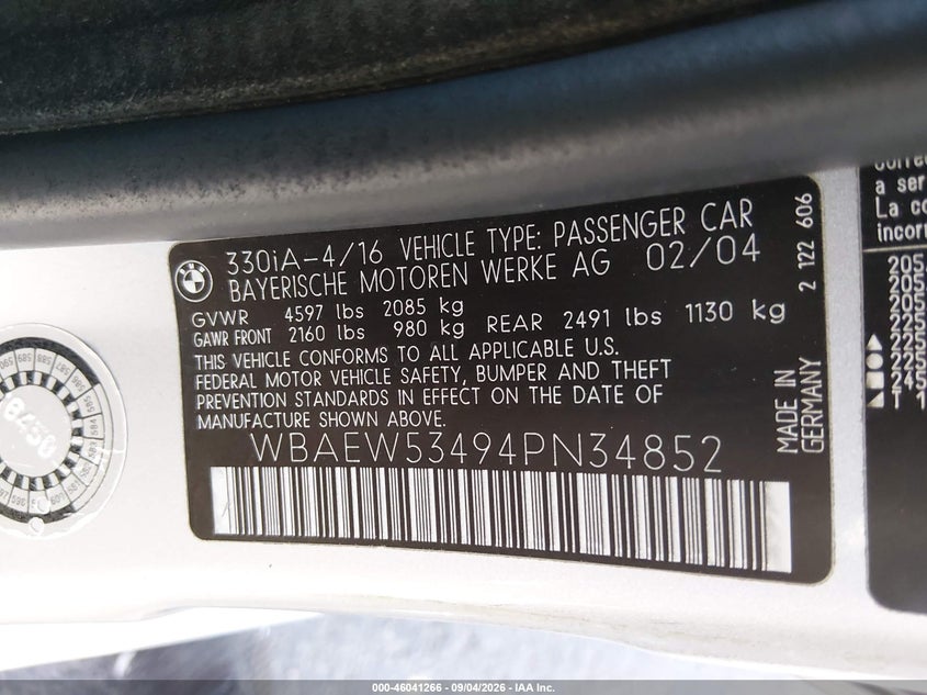 BMW 330XI 2004 VIN WBAEW53494PN34852