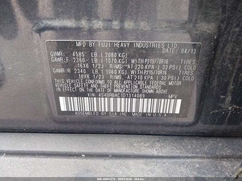 SUBARU OUTBACK 2013 VIN 4S4BRBAC1D1314089