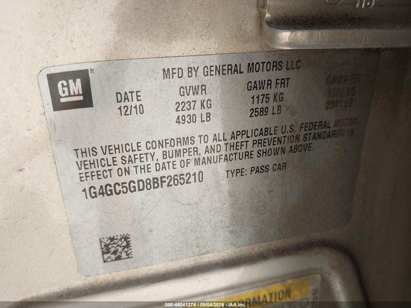 2011 BUICK LACROSSE SEDAN 3.6L V-6 DI, DOHC, VVT, REGULAR , 280HP