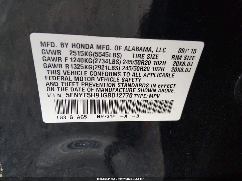 2016 HONDA PILOT SPORT UTILITY VEHICLE 3.5L V-6 DI, VVT, REGULAR , 280HP