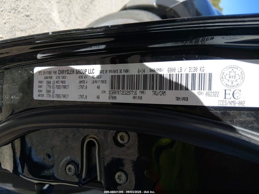 RAM 1500 2014 VIN 3C6RR7KT2EG297716