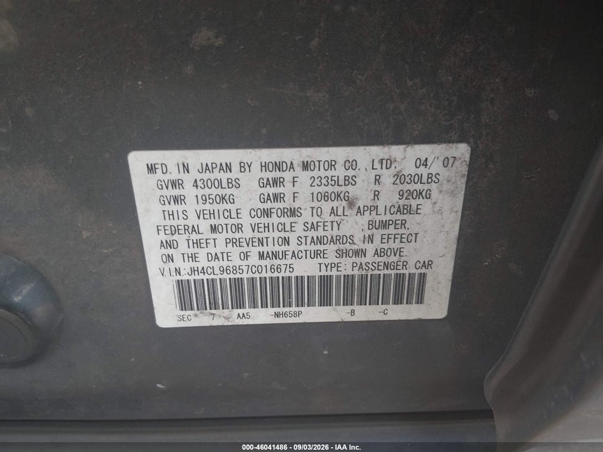 ACURA TSX 2007 VIN JH4CL96857C016675