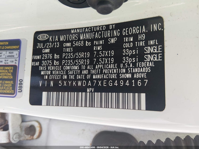 KIA SORENTO 2014 VIN 5XYKWDA7XEG494167