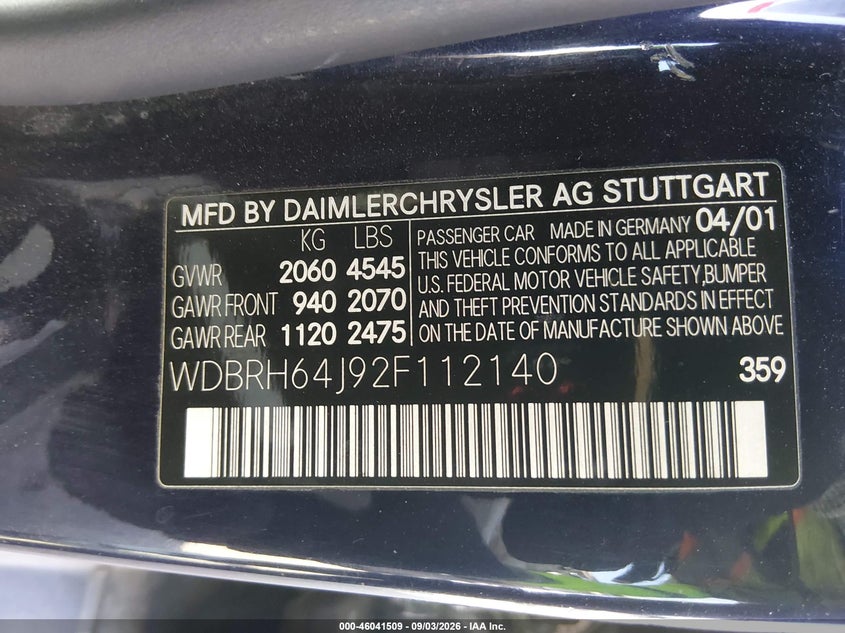 MERCEDES-BENZ C 320 2002 VIN WDBRH64J92F112140
