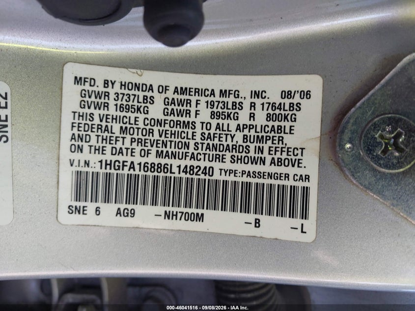 HONDA CIVIC 2006 VIN 1HGFA16886L148240