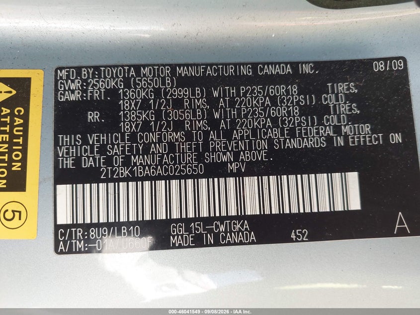 LEXUS RX 350 2010 VIN 2T2BK1BA6AC025650