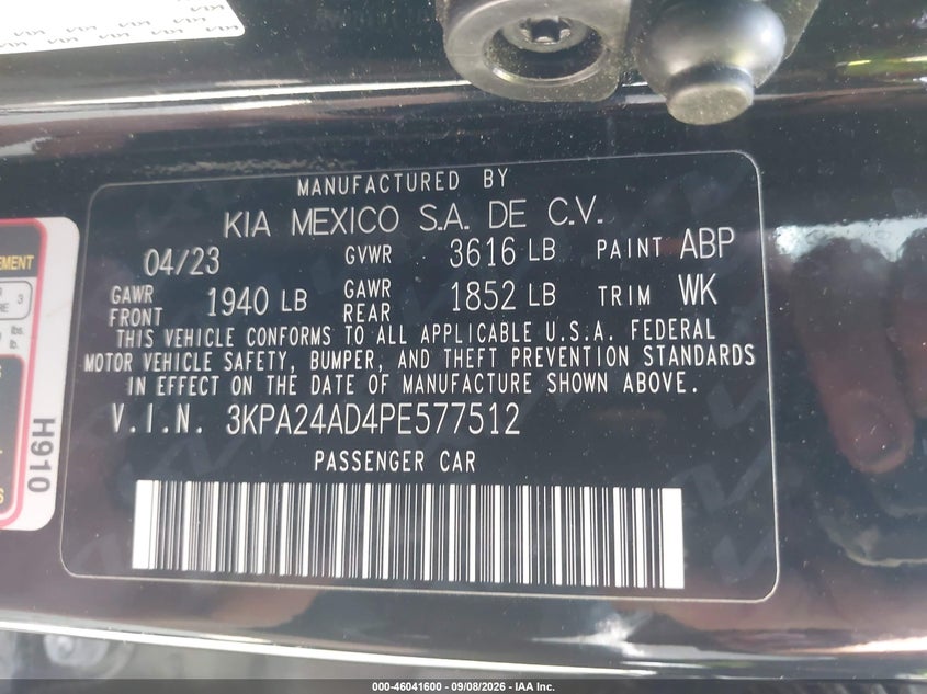 KIA RIO 2023 VIN 3KPA24AD4PE577512