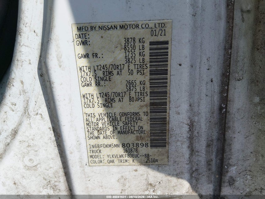 NISSAN NV CARGO NV1500 2021 VIN 1N6BF0KM5MN803898