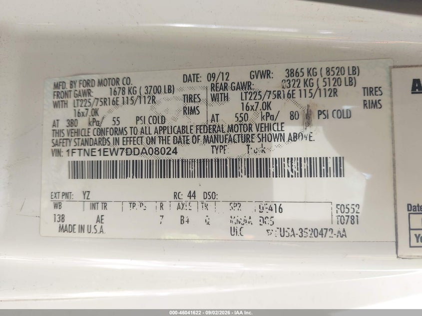 FORD E-150 2013 VIN 1FTNE1EW7DDA08024