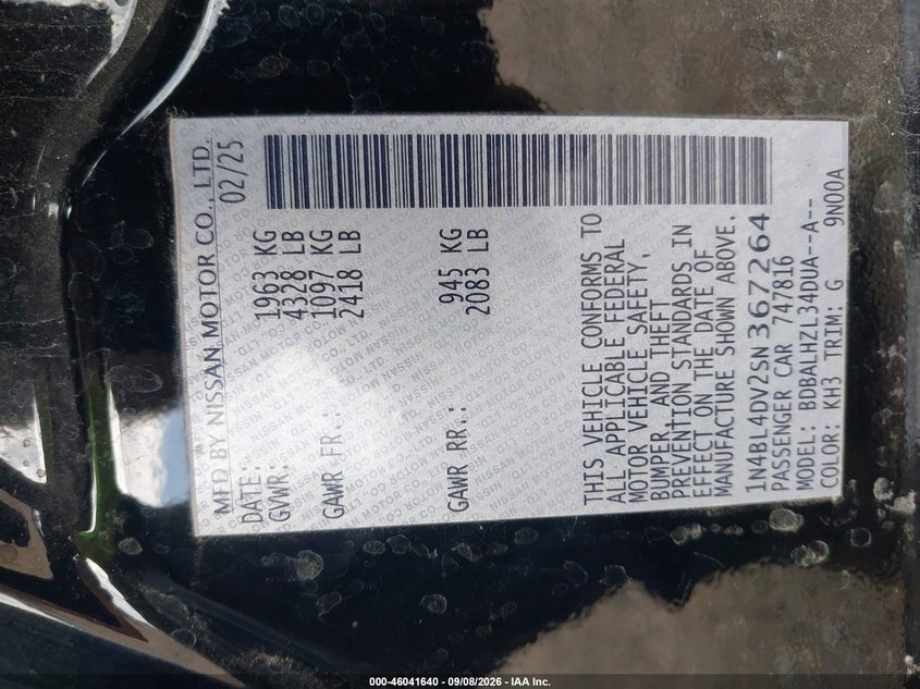 2025 NISSAN ALTIMA SEDAN 2.5L I-4 DI, DOHC, VVT, REGULAR , 188HP