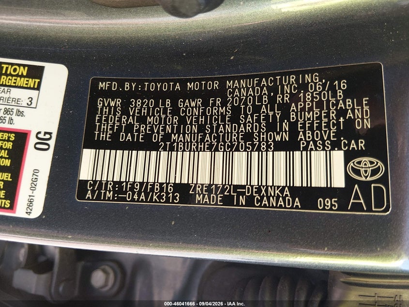 TOYOTA COROLLA 2016 VIN 2T1BURHE7GC705783