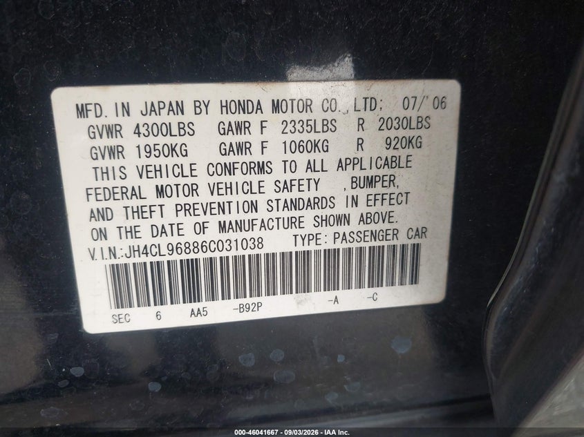 ACURA TSX 2006 VIN JH4CL96886C031038