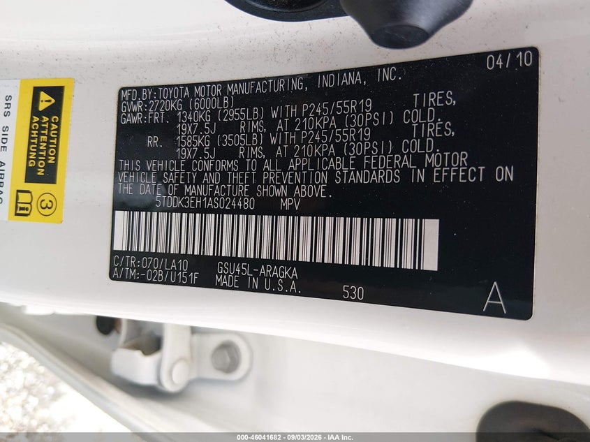 2010 TOYOTA HIGHLANDER SPORT UTILITY VEHICLE 3.5L V-6 DOHC, VVT, REGULAR , 270HP