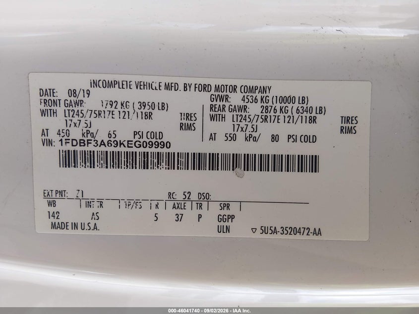 FORD F-350 2019 VIN 1FDBF3A69KEG09990