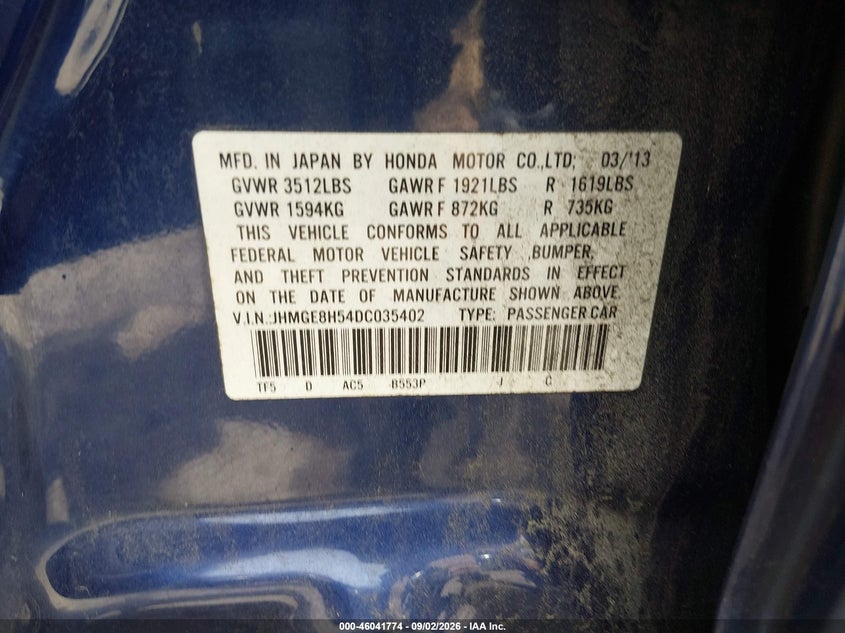 HONDA FIT 2013 VIN JHMGE8H54DC035402