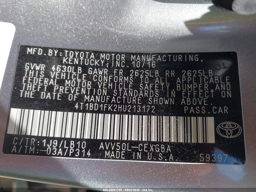 TOYOTA CAMRY HYBRID 2017 VIN 4T1BD1FK2HU213172