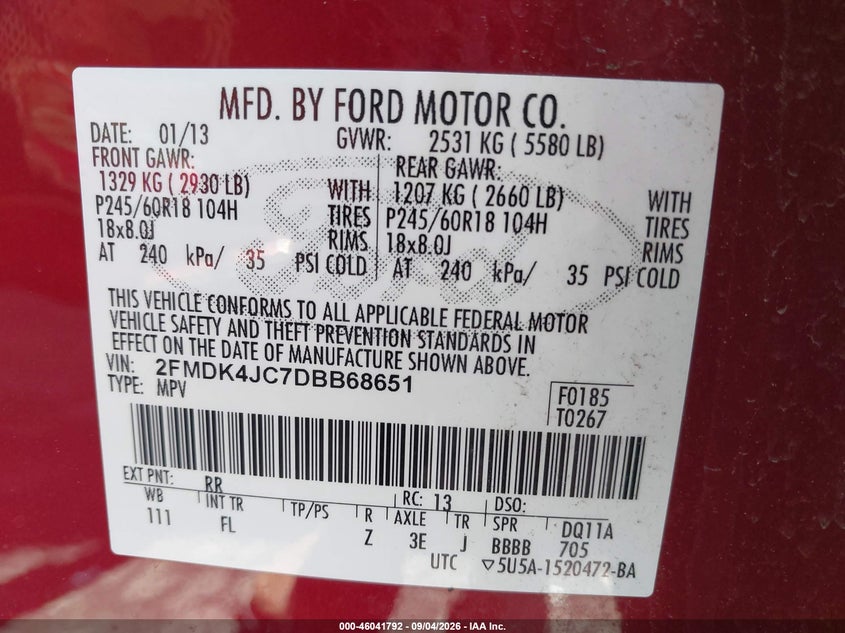 FORD EDGE 2013 VIN 2FMDK4JC7DBB68651