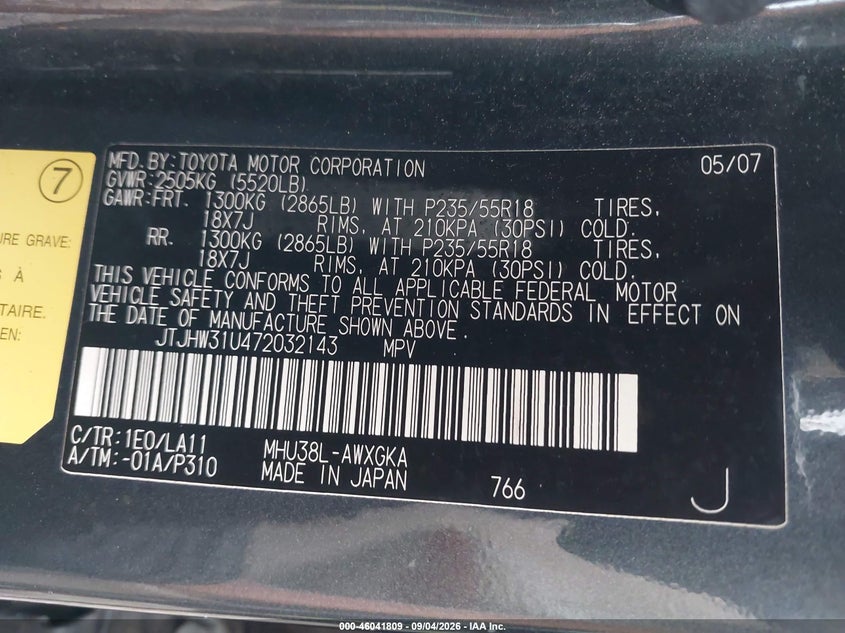 LEXUS RX 400H 2007 VIN JTJHW31U472032143
