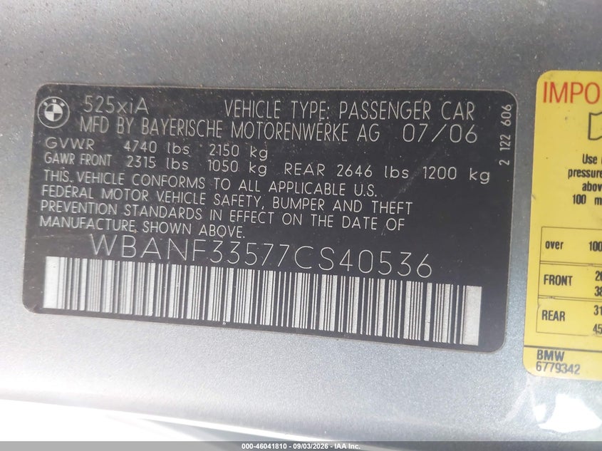 BMW 525XI 2007 VIN WBANF33577CS40536