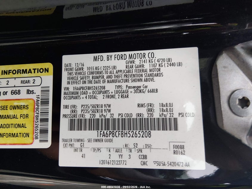 FORD MUSTANG 2017 VIN 1FA6P8CF8H5265208