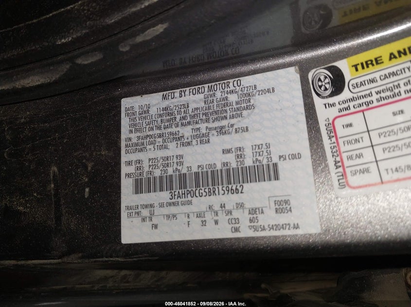 FORD FUSION 2011 VIN 3FAHP0CG5BR159662