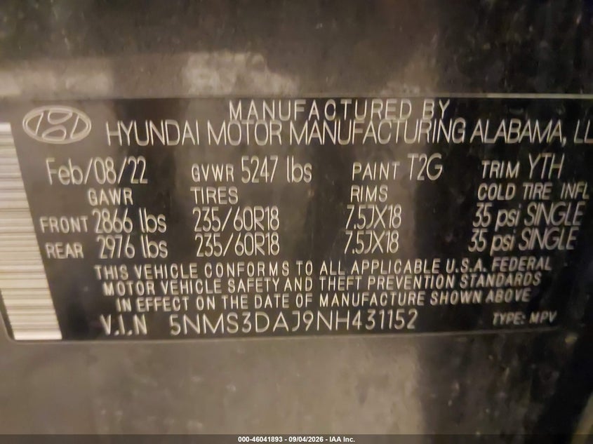 HYUNDAI SANTA FE 2022 VIN 5NMS3DAJ9NH431152