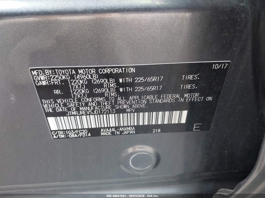 TOYOTA RAV4 HYBRID 2018 VIN JTMRJREV5JD172113