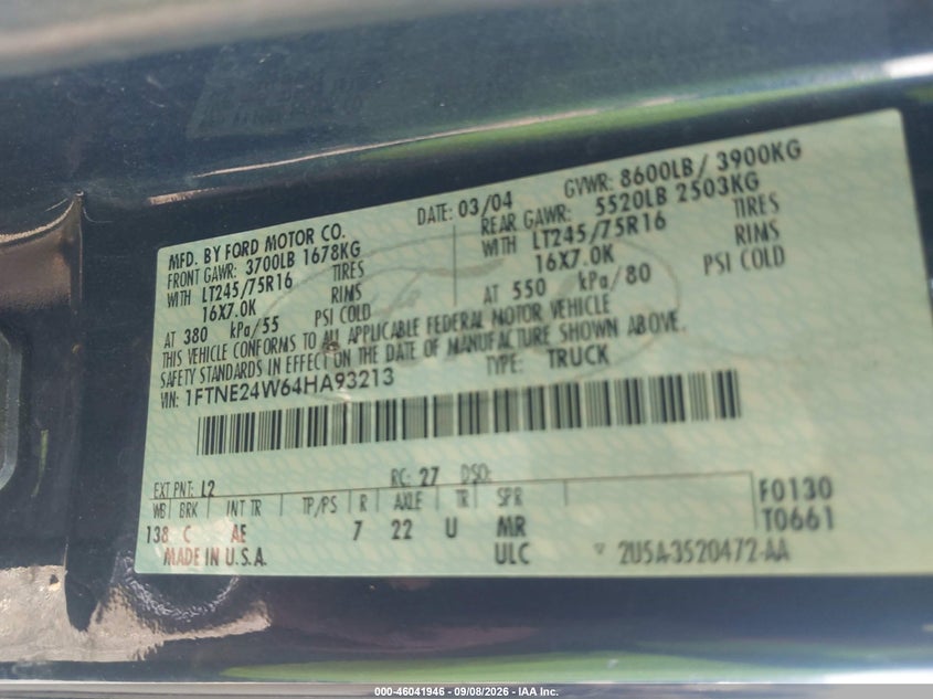2004 FORD ECONOLINE VAN 4.6L V-8 REGULAR , 225HP