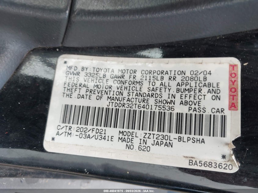TOYOTA CELICA 2004 VIN JTDDR32T640175536