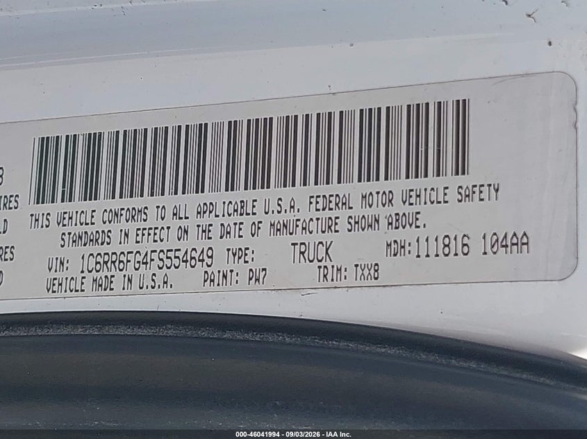 RAM 1500 2015 VIN 1C6RR6FG4FS554649