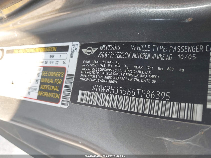 MINI COOPER S 2006 VIN WMWRH33566TF86395
