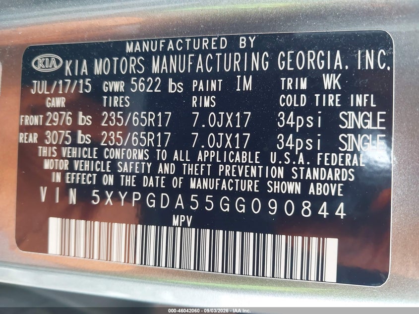 KIA SORENTO 2016 VIN 5XYPGDA55GG090844