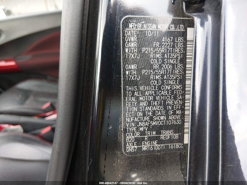 NISSAN JUKE 2012 VIN JN8AF5MV0CT107630