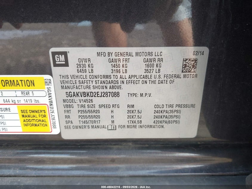 BUICK ENCLAVE 2014 VIN 5GAKVBKD2EJ287088