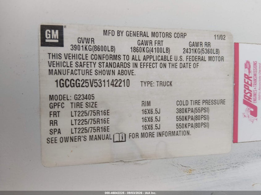 CHEVROLET EXPRESS 2003 VIN 1GCGG25V531142210