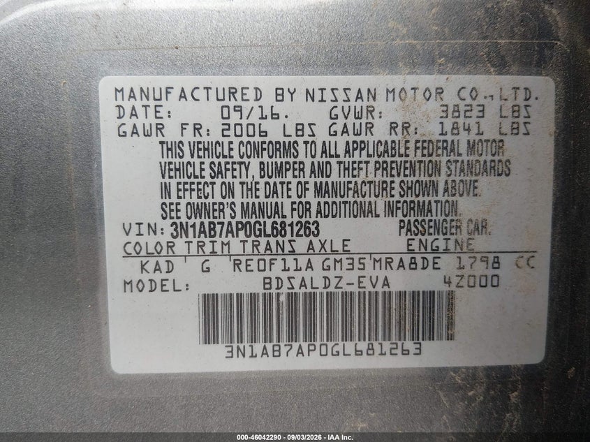 NISSAN SENTRA 2016 VIN 3N1AB7AP0GL681263