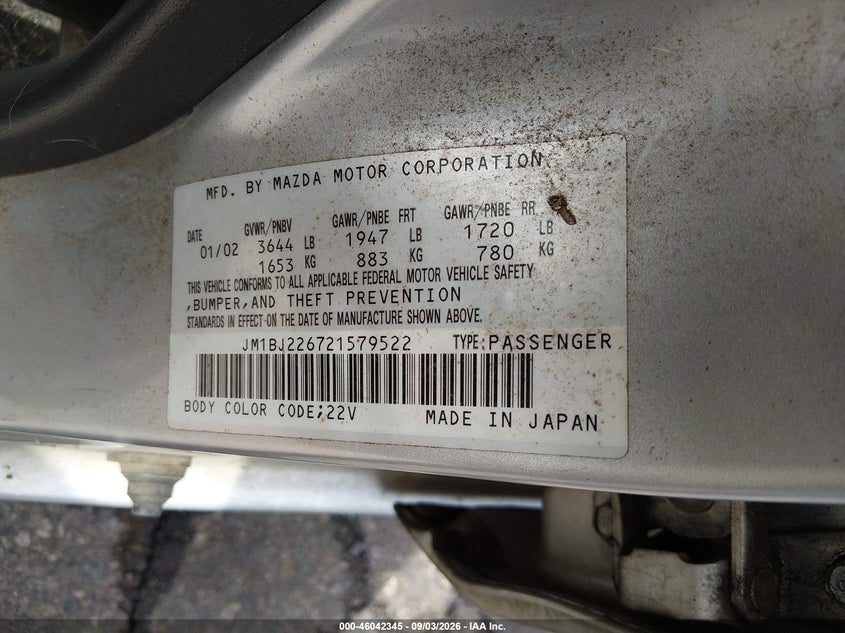 MAZDA PROTEGE 2002 VIN JM1BJ226721579522