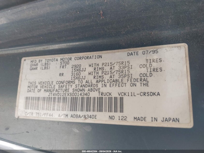 TOYOTA T100 1995 VIN Jt4VD12ExS0014340