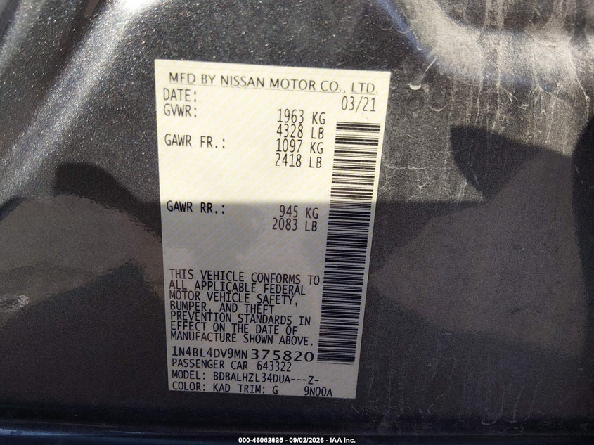 2021 NISSAN ALTIMA SEDAN 2.5L I-4 DI, DOHC, VVT, REGULAR , 188HP