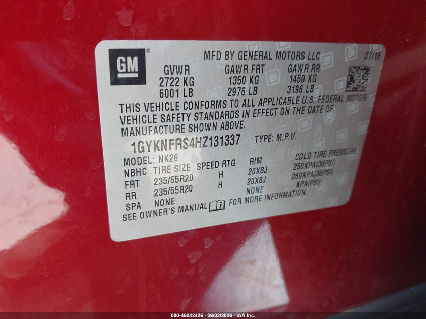 CADILLAC XT5 2017 VIN 1GYKNFRS4HZ131337