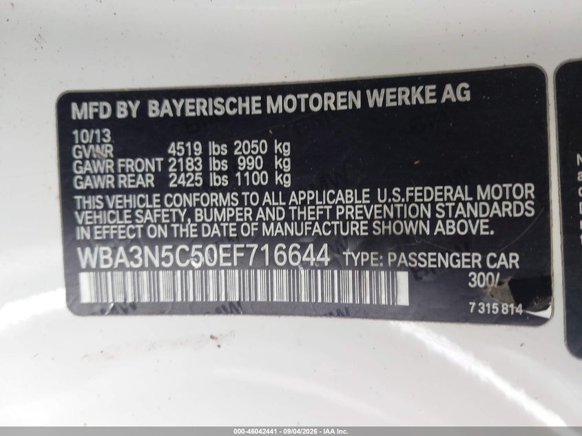 BMW 428I 2014 VIN WBA3N5C50EF716644