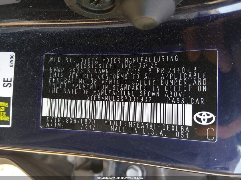 2025 TOYOTA COROLLA SEDAN 2.0L I-4 DI, DOHC, VVT, REGULAR , 169HP