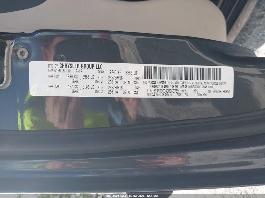 DODGE GRAND CARAVAN 2012 VIN 2C4RDGCG4CR263759