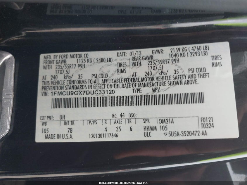 2013 FORD ESCAPE SPORT UTILITY VEHICLE 1.6L I-4 DI, DOHC, VVT, TURBO, 173HP