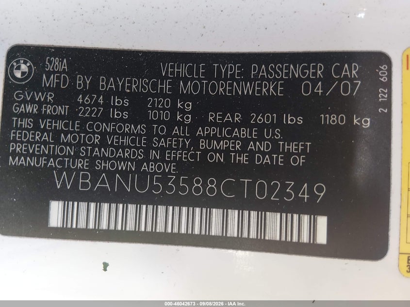 BMW 528I 2008 VIN WBANU53588CT02349