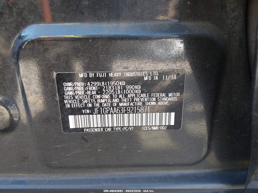 SUBARU IMPREZA 2015 VIN JF1GPAA63F9215871
