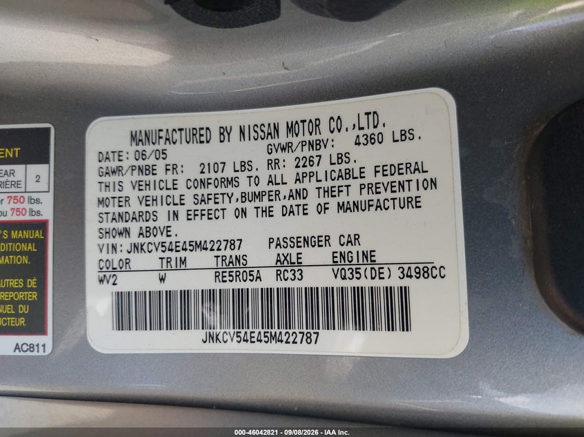 INFINITI G35 2005 VIN JNKCV54E45M422787