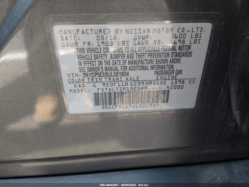 NISSAN KICKS 2018 VIN 3N1CP5CU9JL501934